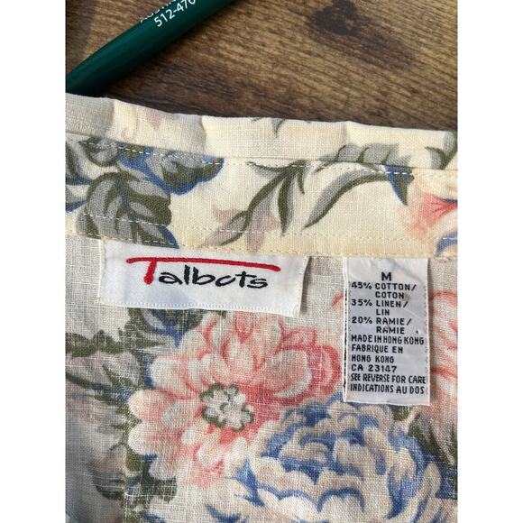 VGT Talbots Womens M Cream Rose Print Linen Blend Long Sleeves Cottage Core - Picture 3 of 6